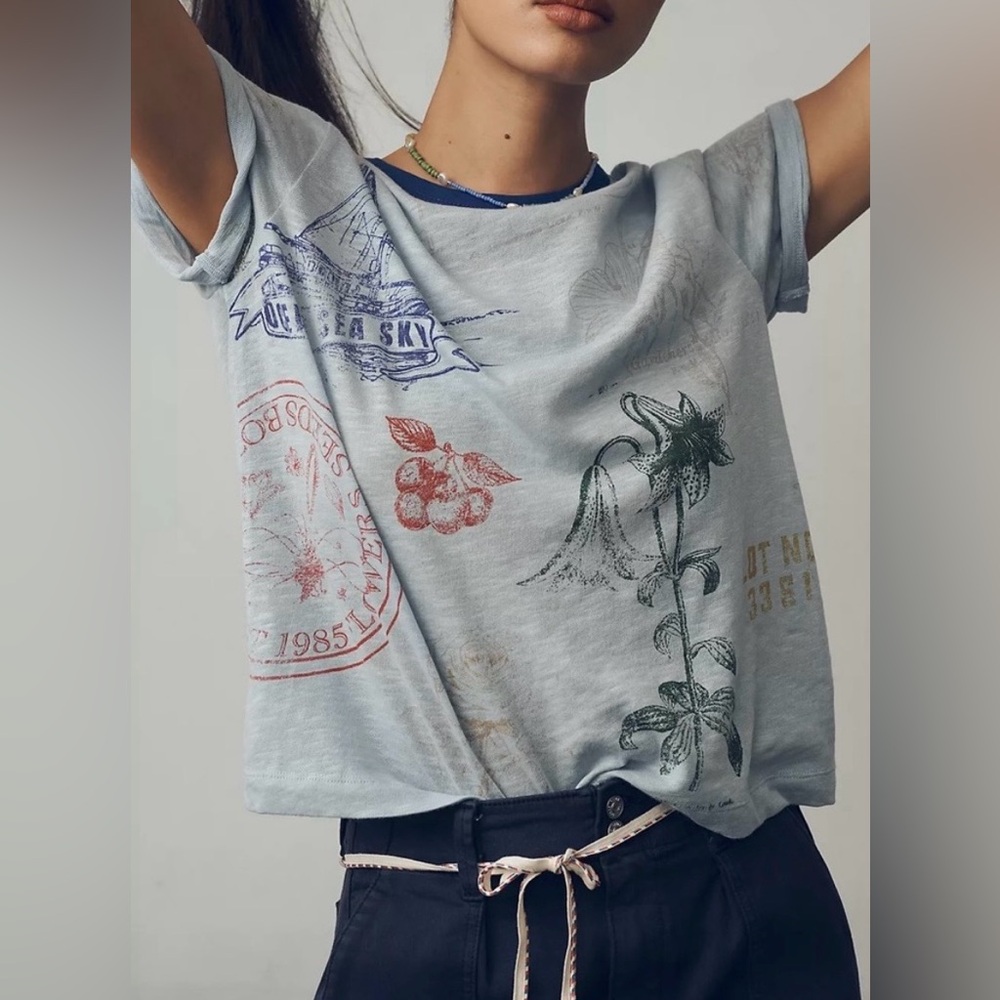 Anthropologie Pilcro Stamp Printed Tee in Sky Blue Motif, NWT